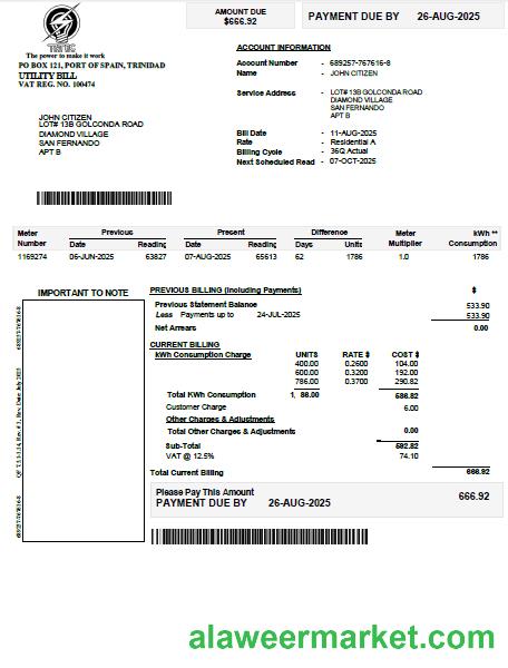 Trinidad and Tobago Electricity Commission utility bill template in Word and PDF formats